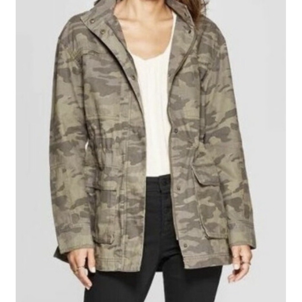 Universal Thread Womens Jacket Medium Green Anorak Hooded Camo 100% Cotton Zip